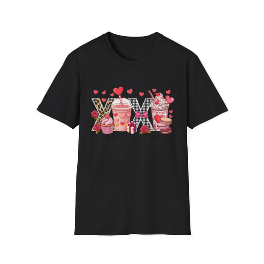 Chic Valentine's Day T-Shirt | Sweet Treats & Love Hearts Graphic Tee | Leopard Gingham Cupcake Macaron Frappuccino