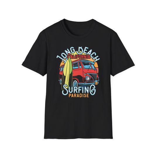 Vintage Long Beach California Surfing Paradise T-Shirt | Retro VW Bus & Surfboard Beach Lover Tee | Cool Summer Vacation Gift