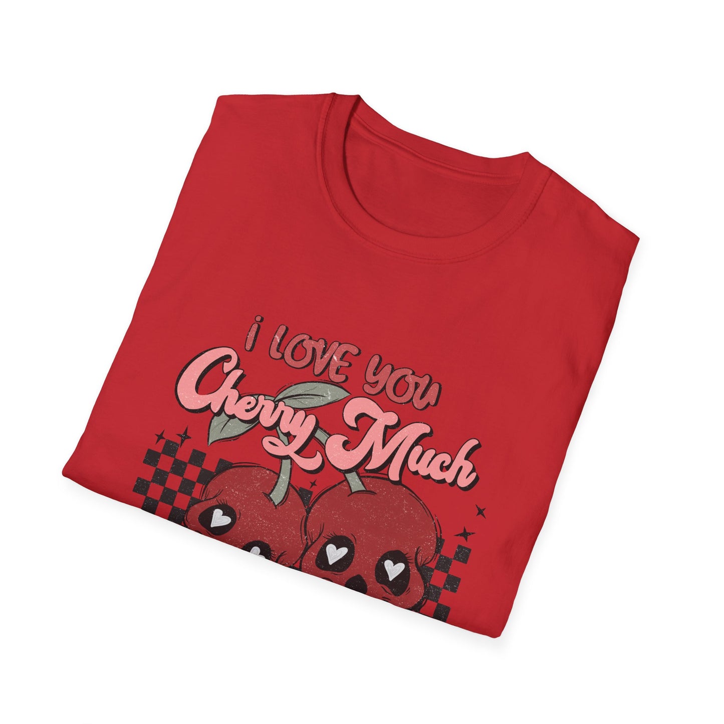 I Love You Cherry Much T-Shirt | Sweet Skull Cherries & Retro Checkerboard Tee | Unique Valentine's Love Pun Top for Couples