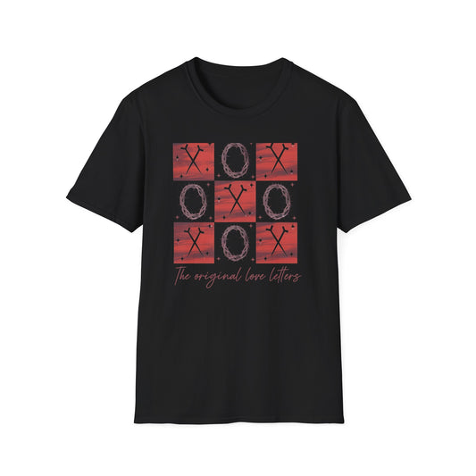 Meaningful Christian 'Original Love Letters' T-Shirt | Unique Cross & Crown of Thorns Design - Faith Tic-Tac-Toe Apparel