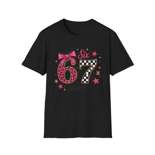 Glam Six & Seven Birthday T-Shirt for Girls | Trendy Pink Leopard Print 6 & 7 Kids Party Tee with Checkerboard & Sparkly Bow