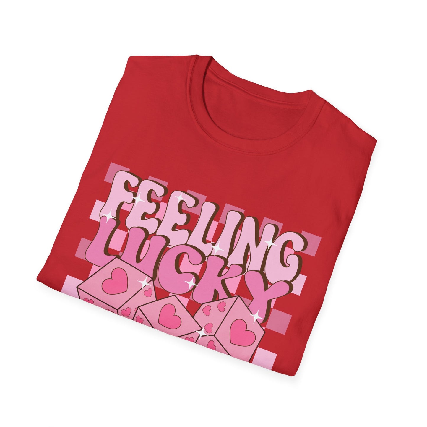 Feeling Lucky Groovy T-Shirt | Pink Heart Dice Retro Aesthetic Tee | Trendy Y2K Cute Sparkling Top for Women & Teens