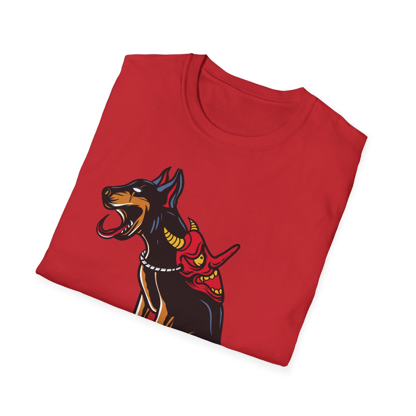 Fierce Doberman Hannya Mask T-Shirt: Epic Japanese Demon Dog Design. Bold Statement Tee for Edgy Dog Lovers & Culture Fans.