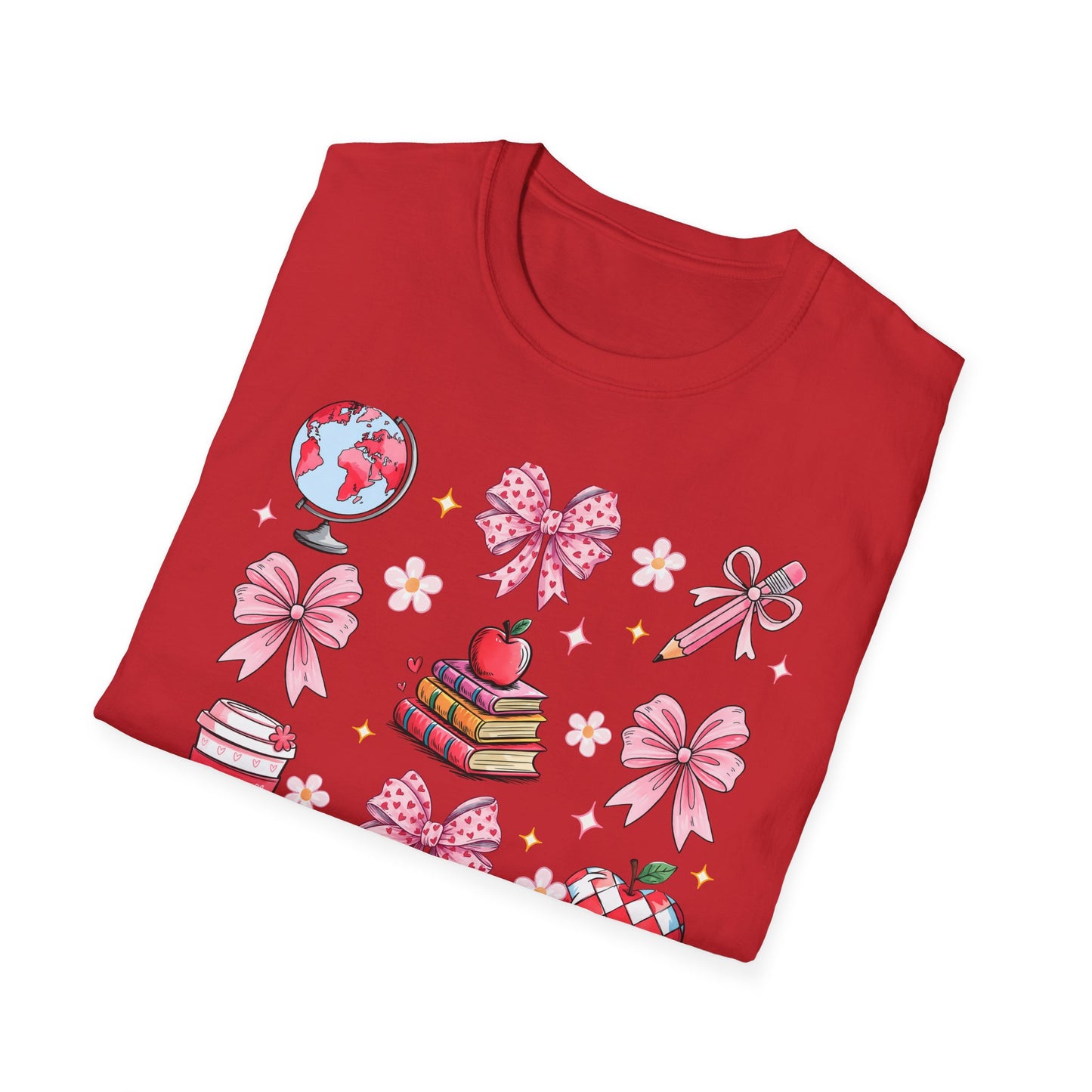 Awesome Teacher Appreciation T-Shirt | 'Teaching Is A Work of Heart' Tee | Cute School Supplies & Pink Bows Gift