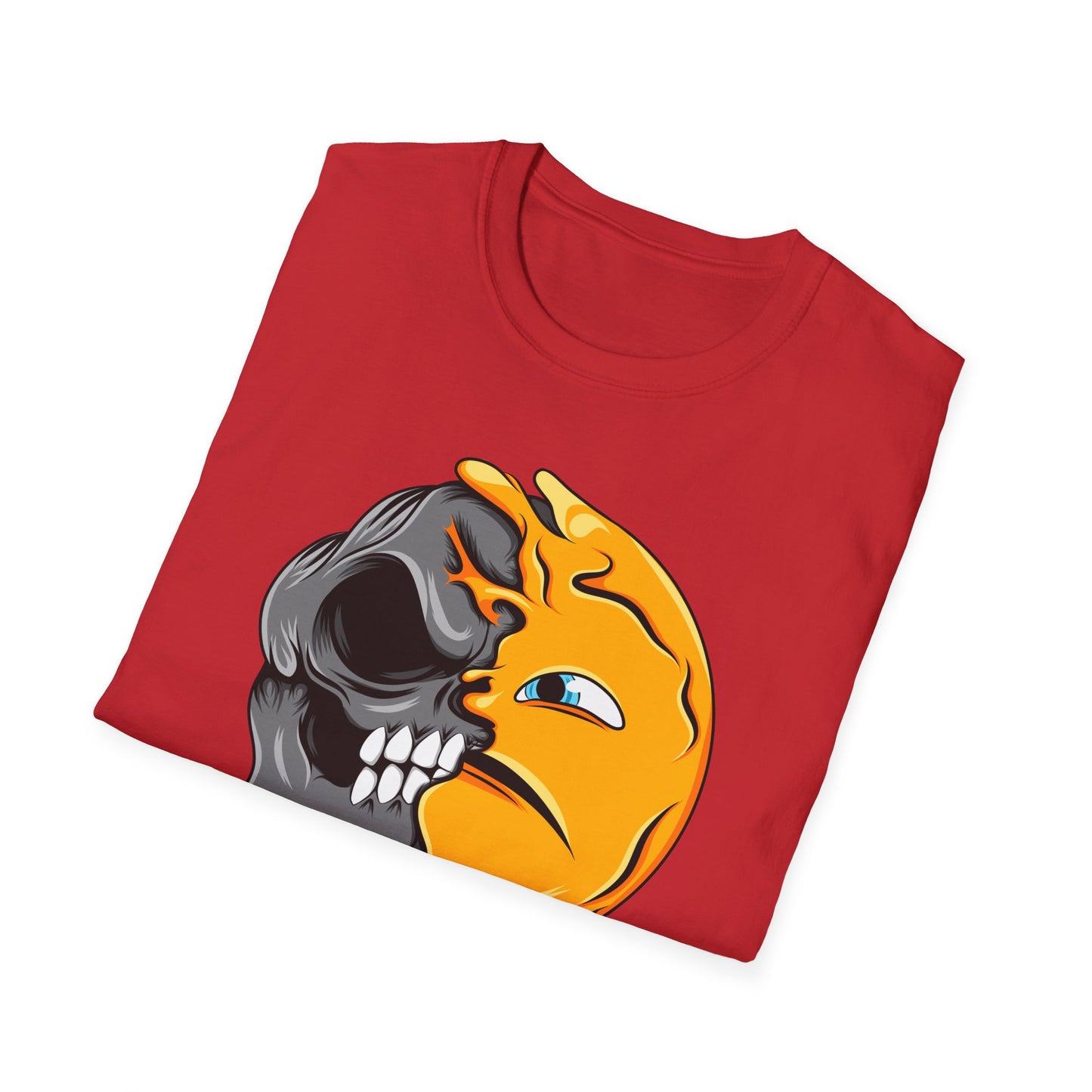 Vibrant Melting Skull Smiley Face T-Shirt | Unique Duality Graphic Tee | Edgy Streetwear Art