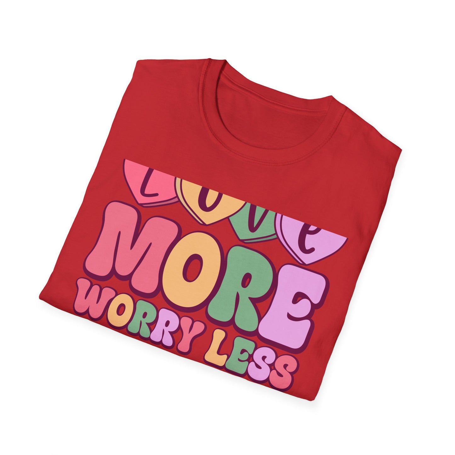 Retro Love More Worry Less T-Shirt - Groovy Candy Hearts & Positive Message Tee for Women & Teens | Inspiring Vibes