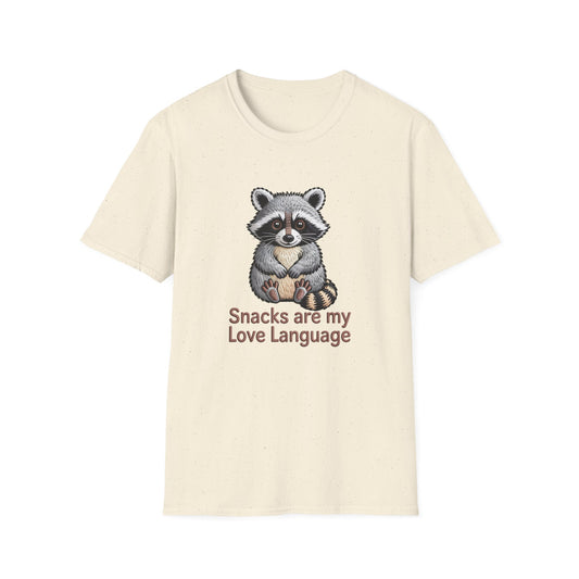 Adorable Raccoon 'Snacks are my Love Language' T-Shirt - Hilarious Foodie & Cozy Comfort Tee