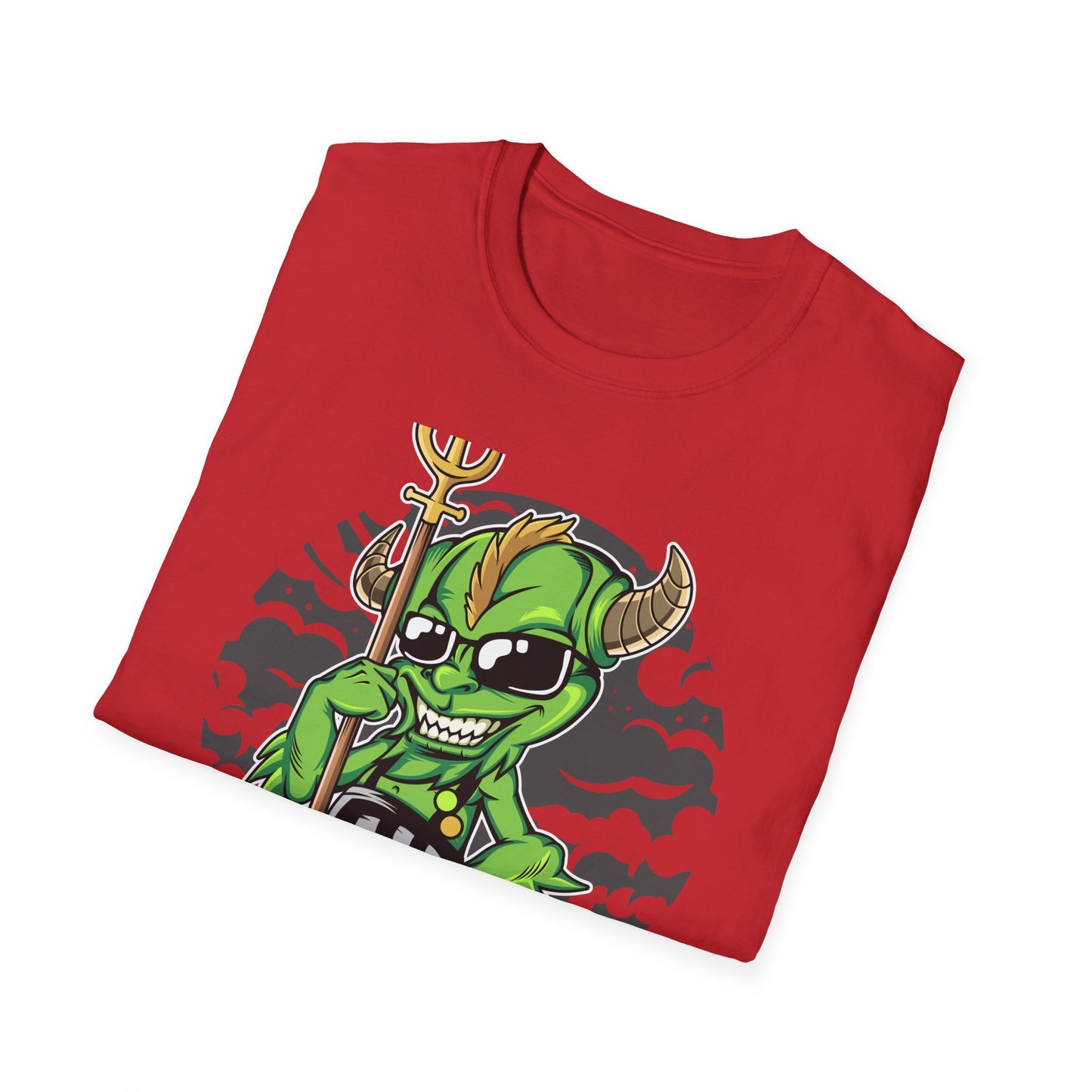 Wicked Mischievous Green Imp T-Shirt | Cool Cartoon Devil with Trident & Checkered Pants | Edgy Graphic Tee