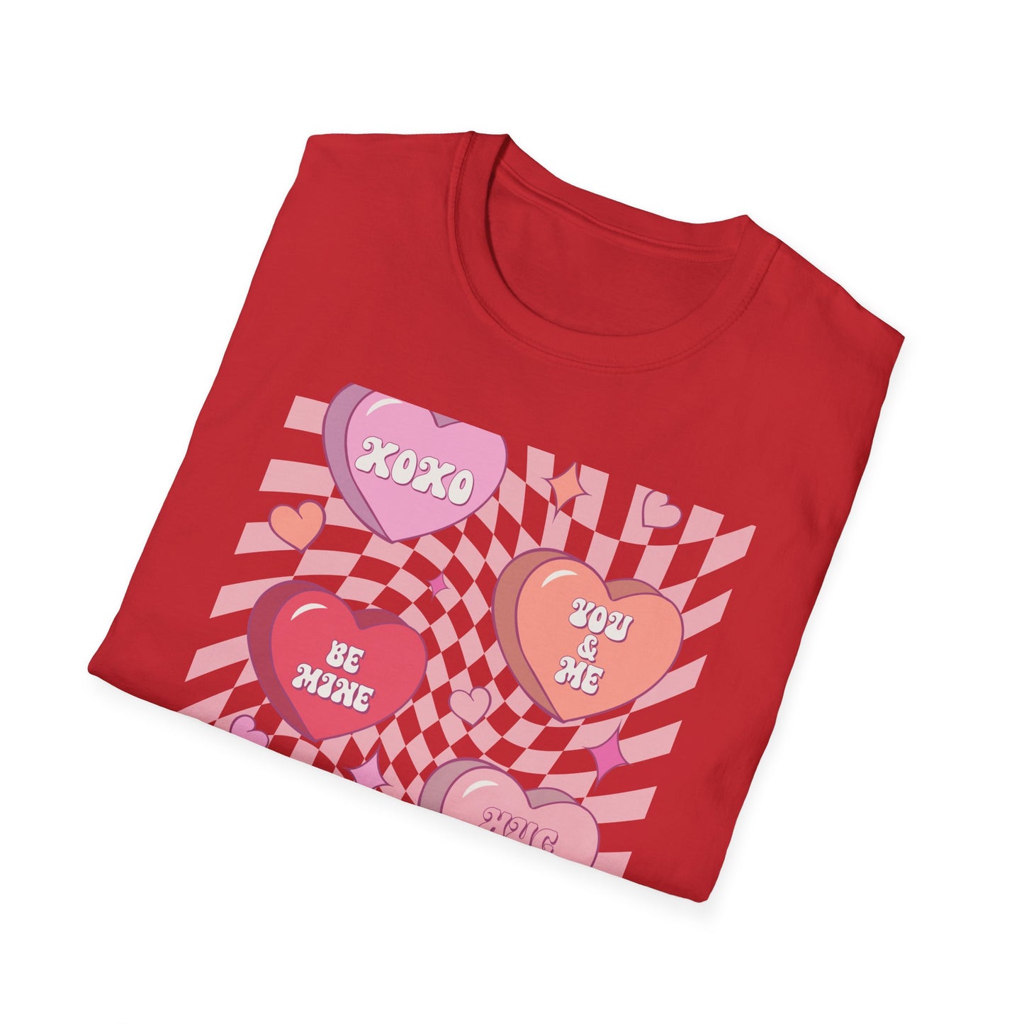 Groovy Conversation Hearts T-Shirt | Y2K Aesthetic Wavy Checkerboard Valentine's Day Tee | Adorable Retro Love Gift