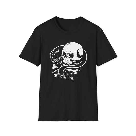 Striking Gothic Cat & Skull T-Shirt | Unique Black & White Abstract Art Tee for Edgy Souls & Dark Nature Lovers