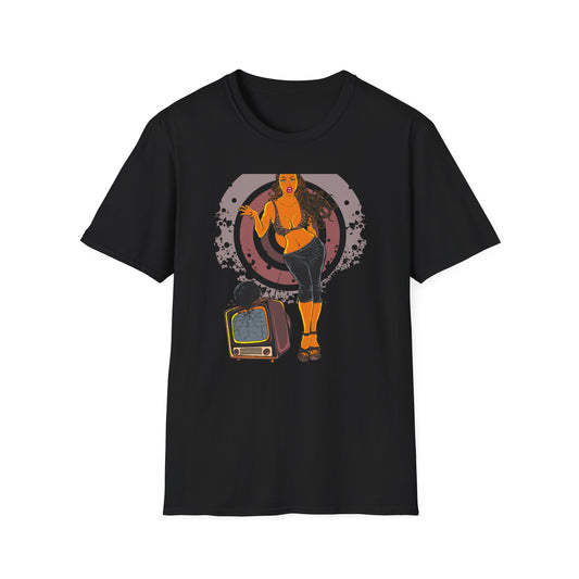 Edgy Retro Pin-Up Girl & Cracked TV Bowling T-Shirt | Bold Pop Art Vibe Women's Tee | Unique Vintage Statement Gift