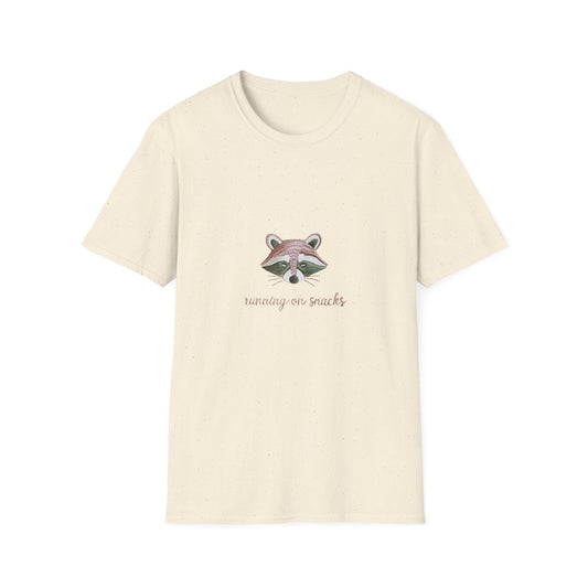 Adorable Raccoon 'Running on Snacks' Embroidered T-Shirt | Funny Animal Lover & Foodie Tee | Unique & Cozy Gift