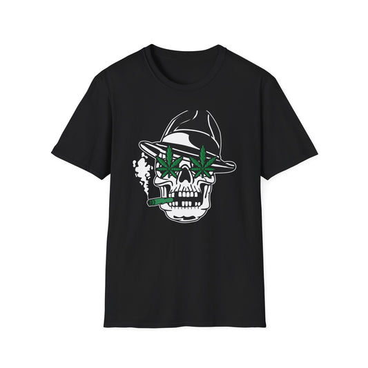 Dope Stoner Skull T-Shirt with Cannabis Leaves & Fedora Hat - Unique 420 Smoker Tee | Epic Pot Leaf Design Apparel