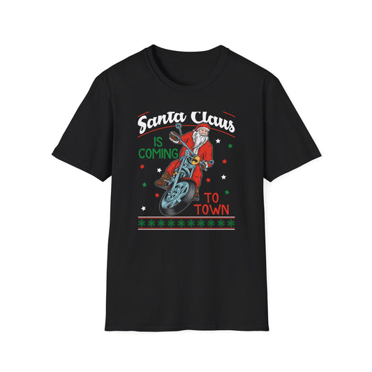 Epic Santa Biker T-Shirt - Cool Christmas Motorcycle Tee | Funny Holiday Rider Apparel Gift for Men & Women | 'Santa Is Coming To Town'