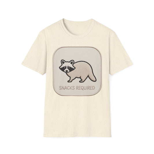 Hilarious Raccoon "Snacks Required" T-Shirt | Cute Embroidered Look Animal Lover & Foodie Gift | Unique Soft Tee