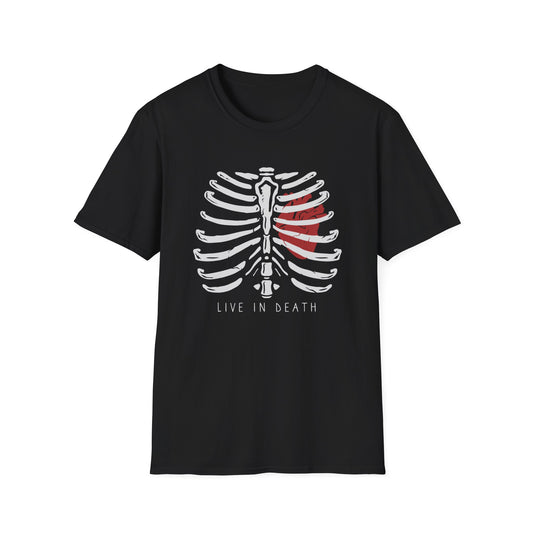 Striking "Live In Death" Skeleton Rib Cage & Red Heart T-Shirt | Unique Anatomical Goth Tee | Deep Meaning Statement Apparel