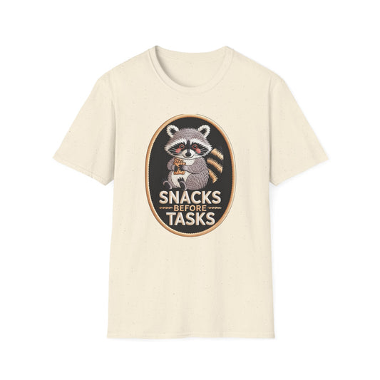 Irresistible Raccoon T-Shirt: "Snacks Before Tasks" Funny Animal Tee - Adorable Foodie Procrastination Gift