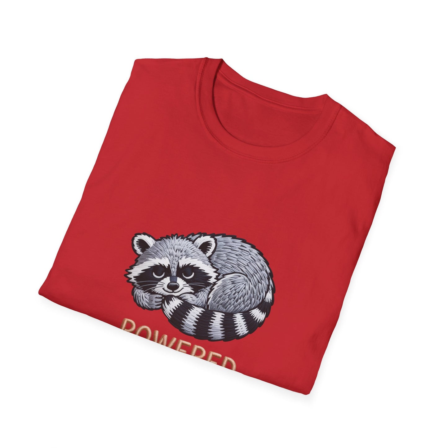Powered By Snacks Adorable Raccoon T-Shirt | Funny Foodie Animal Lover Tee | Hilarious Snack Enthusiast Gift