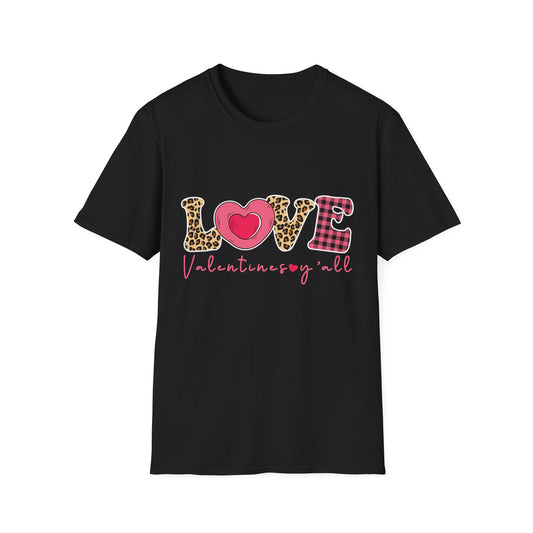 Charming Leopard & Plaid LOVE Valentines Y'all T-Shirt - Trendy Southern Sweetheart Tee for Women, Perfect Valentine's Day Gift