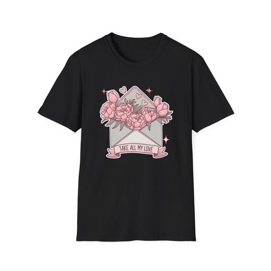 Charming 'Take All My Love' Floral T-Shirt - Romantic Peony & Tulip Envelope Tee | Sweet Valentine's Day Gift for Her