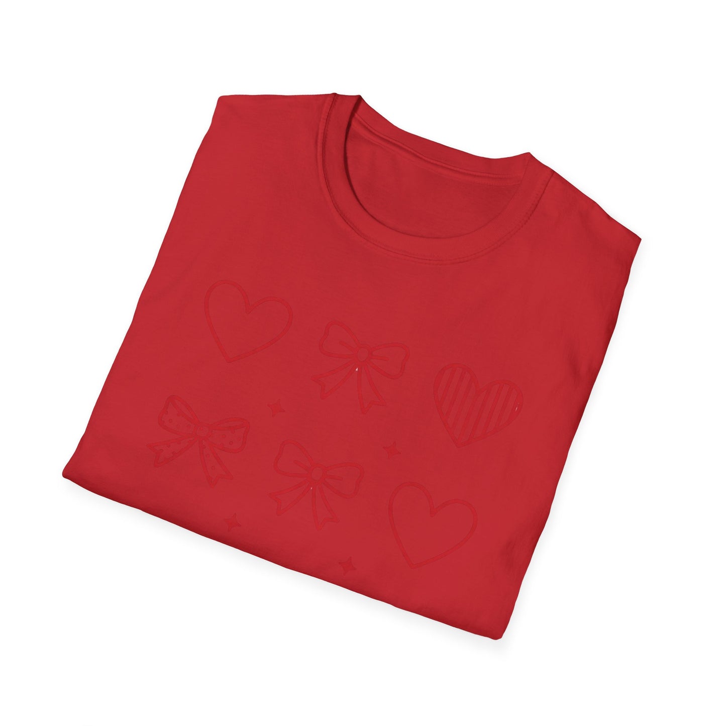 Adorable Red Hearts & Bows Pattern T-Shirt | Sweet Valentine's Day Love Graphic Tee for Women & Girls | Charming Romantic Gift