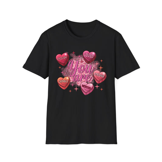 Vibrant 'You Are' Empowering T-Shirt | Self-Love Conversation Hearts & Leopard Print Tee for Women & Girls | Positive Affirmation Gift