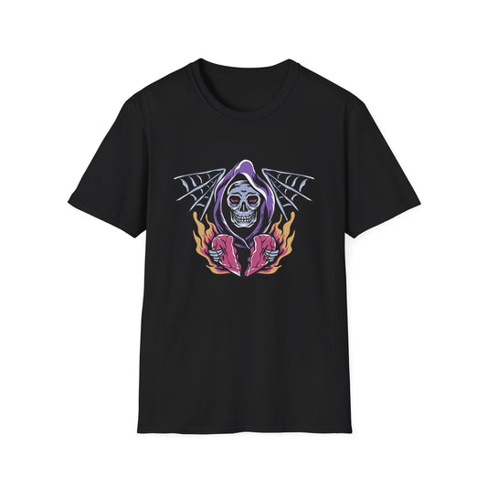 Striking Grim Reaper Broken Heart T-Shirt | Edgy Skull & Flames Tee | Gothic Macabre Streetwear | Bold & Unique Style