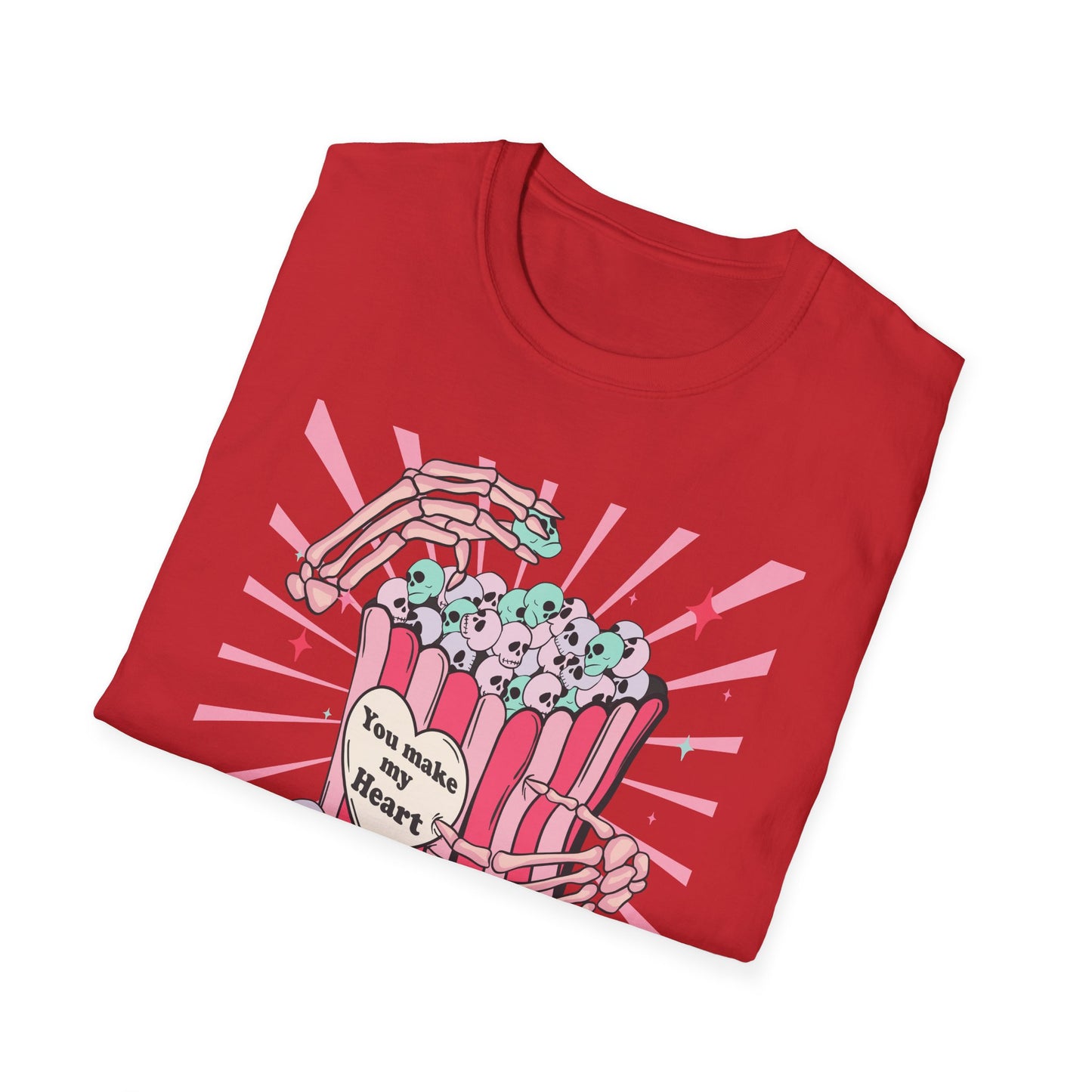 Spooky Sweet Skeleton 'You Make My Heart' T-Shirt | Pastel Goth Skull Popcorn Tee | Edgy Valentine's Day Gift for Unique Love