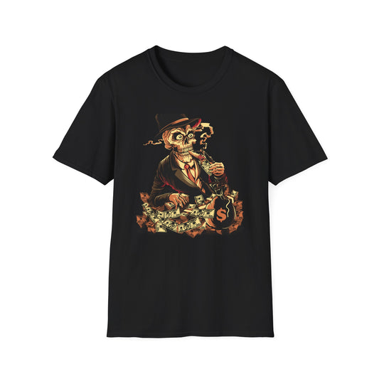 Epic Billionaire Skeleton T-Shirt: Dapper Skull, Money Stacks & Burning Dollar Cigar - Ultimate Hustle Tee