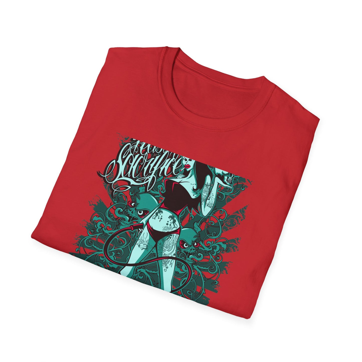 Bold 'Feast of Sacrifice' T-Shirt - Edgy Pin-Up Girl, Flaming Skulls & Tattoo Art for Goth & Alternative Style