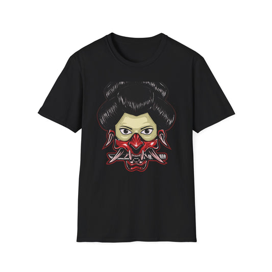 Fierce Hannya Mask T-Shirt | Striking Japanese Oni Demon Warrior Tee with Blade | Bold Traditional Art Statement Shirt