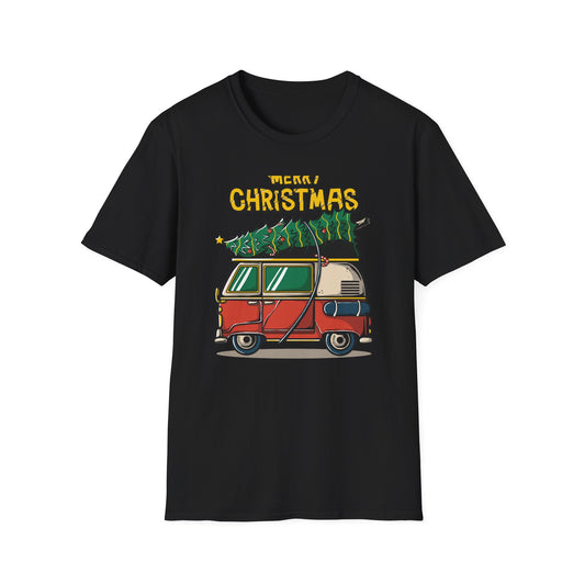 Retro Christmas Van T-Shirt | Awesome Holiday Tree & Skateboard VW Bus Tee | Unique Vintage Xmas Apparel Gift