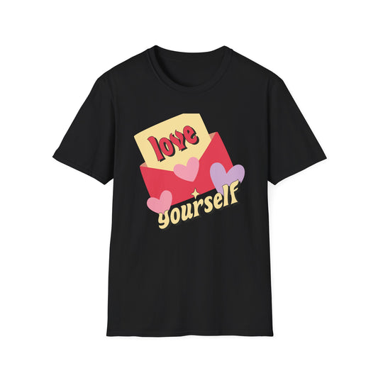 Empowering "Love Yourself" Retro T-Shirt | Chic Self-Care Message Tee | Adorable Hearts & Love Letter Design for Women