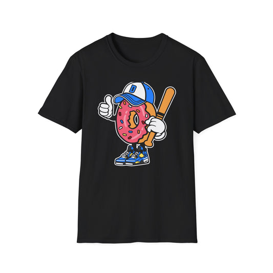 Epic Donut Baseball Player T-Shirt | Fun Sprinkle Drip Tee | Cool Cartoon Mascot Streetwear | Unique Foodie & Sports Fan Graphic Tee
