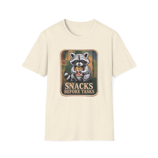 Hilarious Raccoon Snacks Before Tasks T-Shirt | Adorable Animal Lover Gift | Cozy Funny Graphic Tee