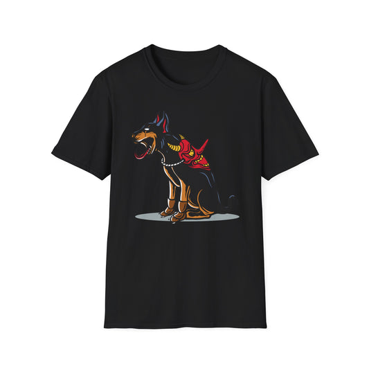 Fierce Doberman Hannya Mask T-Shirt: Epic Japanese Demon Dog Design. Bold Statement Tee for Edgy Dog Lovers & Culture Fans.