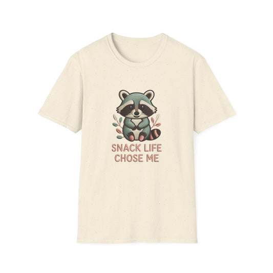 Adorable "Snack Life Chose Me" Raccoon T-Shirt | Funny Embroidered Style Animal Lover Tee | Cozy Unisex Foodie Gift
