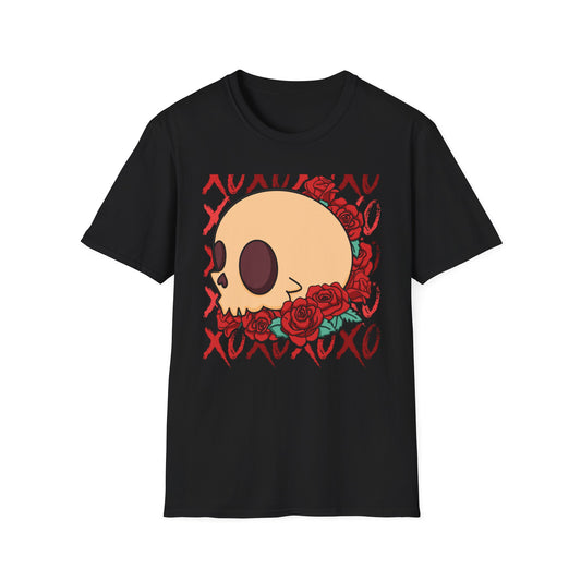 Charming XOXO Skull & Roses T-Shirt | Sweet Gothic Love Tee | Unique Edgy Romantic Print-on-Demand Apparel Gift