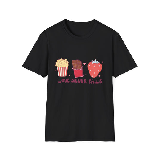 Delicious Retro Love Never Fails T-Shirt - Popcorn, Chocolate, Strawberry Snack Tee for Foodies & Romantics