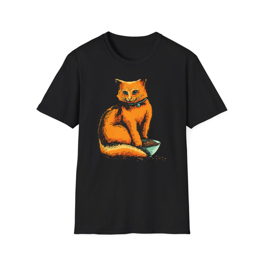 Vibrant Orange Cat & Food Bowl T-Shirt | Adorable Blue-Eyed Feline Lover Tee | Unique Pet Owner Gift Idea