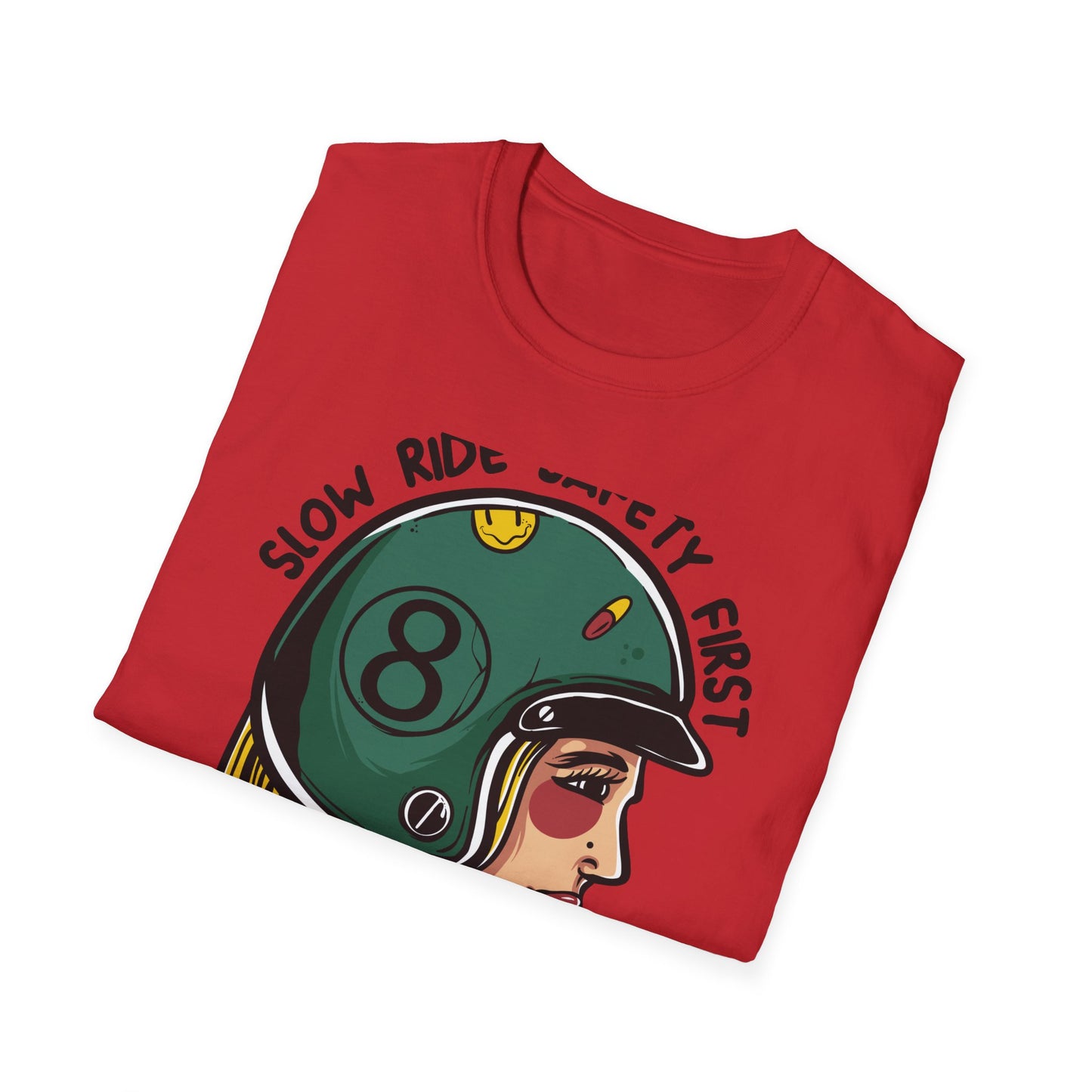 Vibrant Biker Girl Helmet T-Shirt | "Slow Ride Safety First" Retro Motorcycle Rider Tee for Women