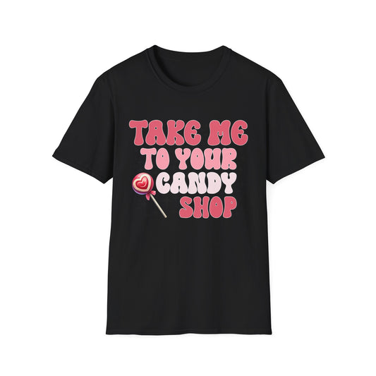Sweet Retro Candy Shop T-Shirt | Groovy 'Take Me To Your Candy Shop' Tee with Heart Lollipop | Fun & Flirty Pop Culture Vibe