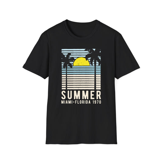 Classic Miami 1970 Florida Summer T-Shirt | Retro Palm Tree Sunset Beach Vacation Tee for Men & Women