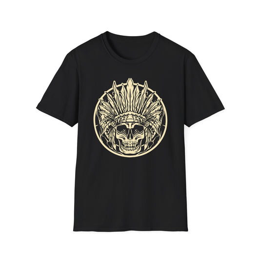 Striking Feather Headdress Skull T-Shirt | Mystic Tribal Warrior Graphic Tee | Bold Unique Apparel for Edgy Souls