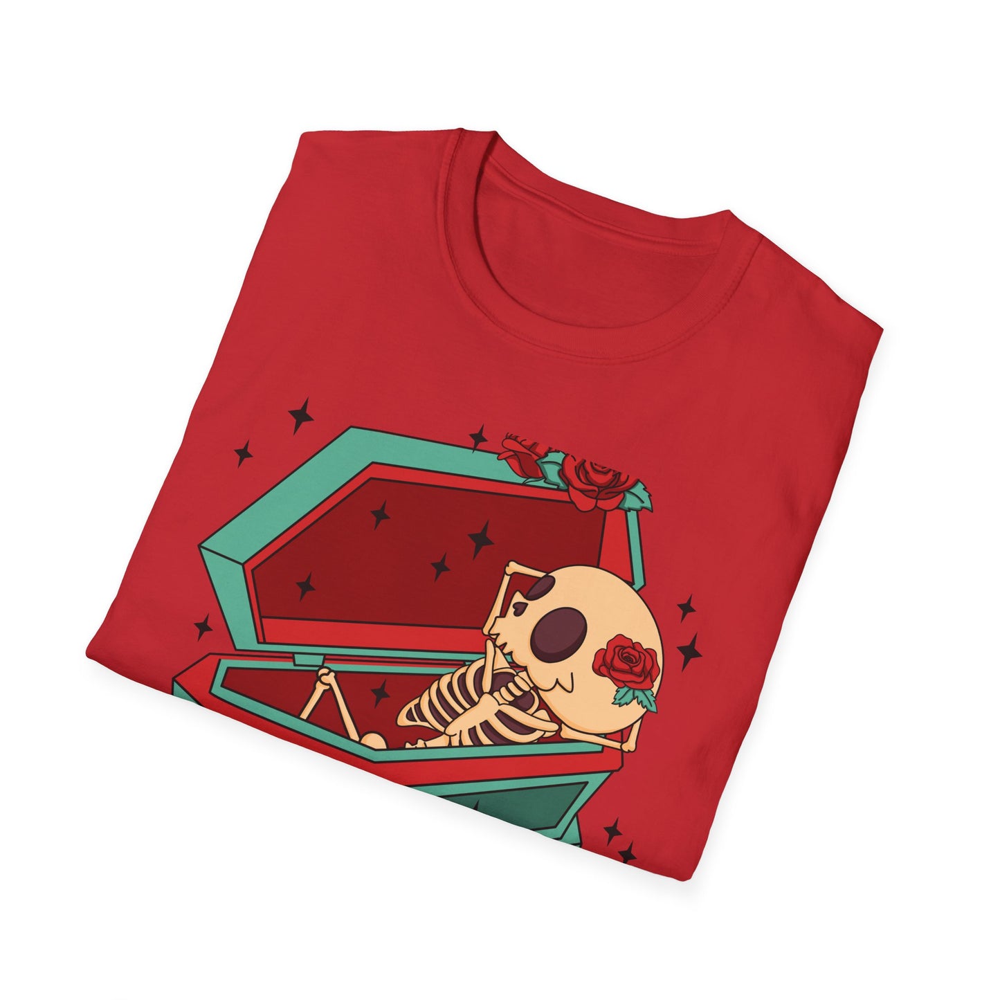 Chill Skeleton in Coffin T-Shirt | Unique Spooky Cute Goth Tee with Red Roses | Ultimate Alternative Style