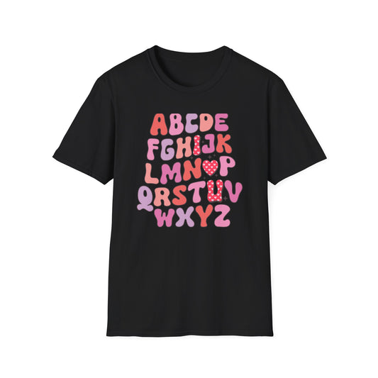 Vibrant Groovy Alphabet T-Shirt | Cute Heart Letter Retro Aesthetic Tee | Fun Teacher & Valentine's Day Gift