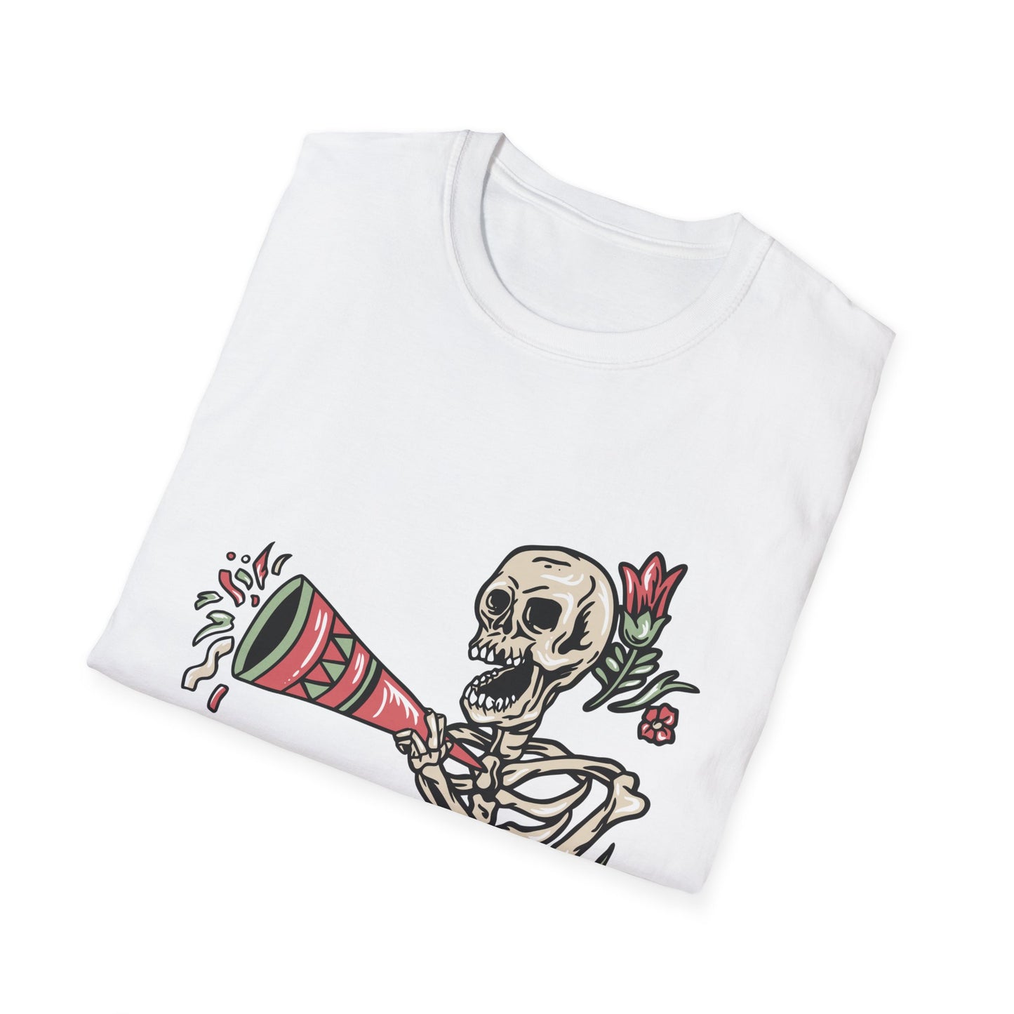 Vibrant Party Skeleton T-Shirt - Fun Quirky Floral Horn Blasting Graphic Tee
