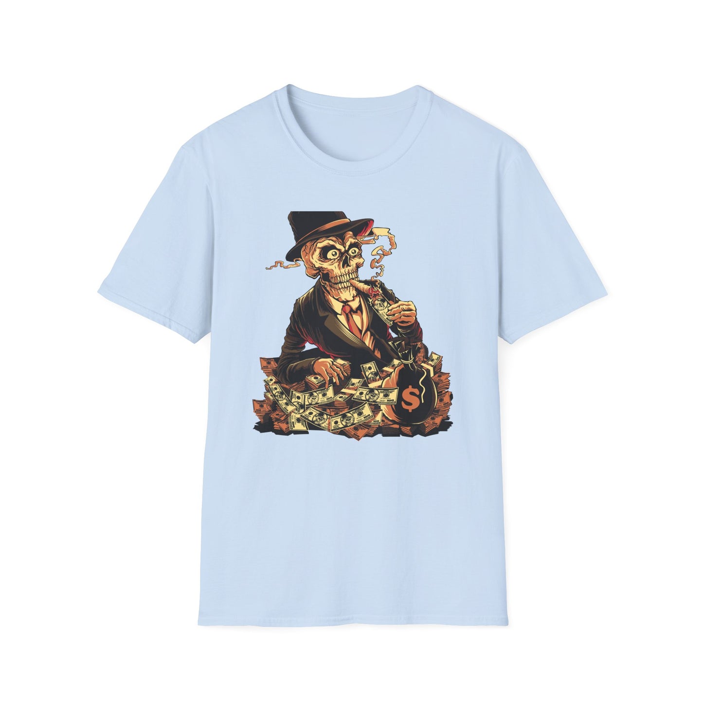 Epic Billionaire Skeleton T-Shirt: Dapper Skull, Money Stacks & Burning Dollar Cigar - Ultimate Hustle Tee