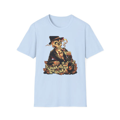 Epic Billionaire Skeleton T-Shirt: Dapper Skull, Money Stacks & Burning Dollar Cigar - Ultimate Hustle Tee