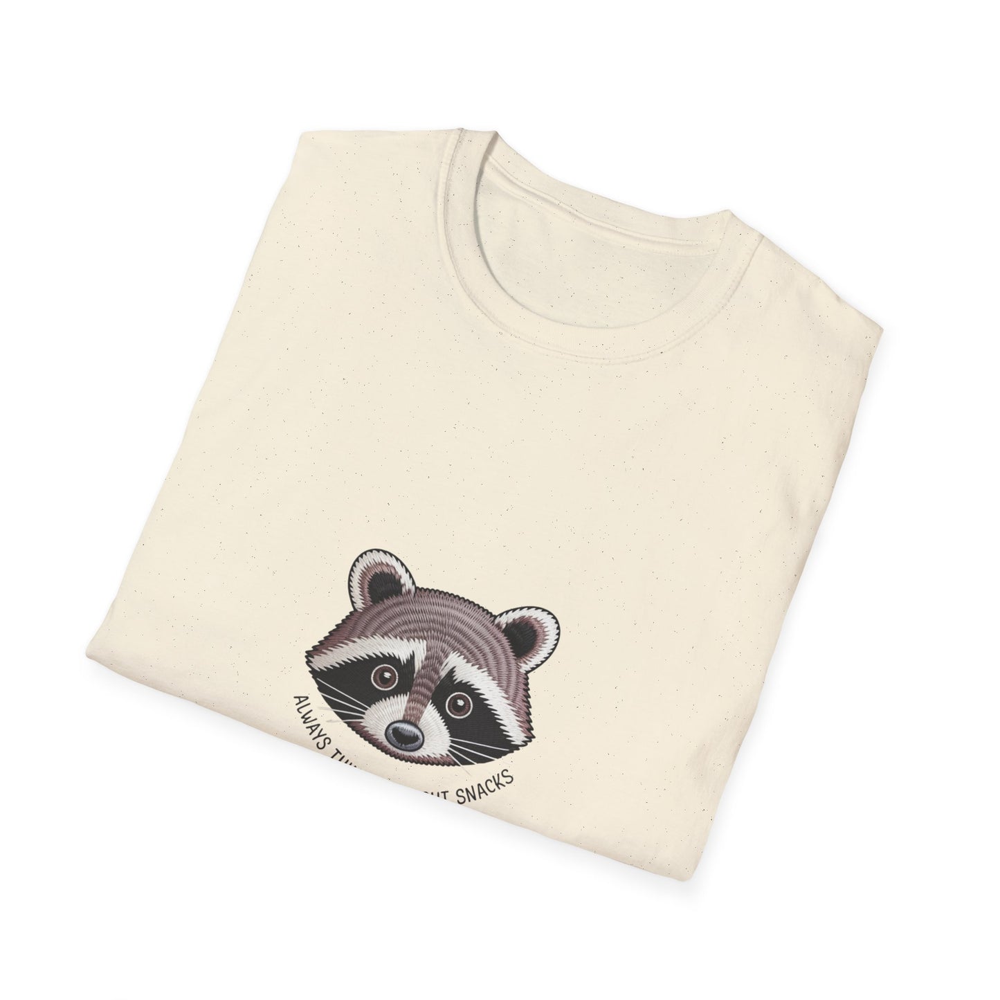 Hilarious Raccoon "Always Thinking About Snacks" Embroidered T-Shirt | Adorable Animal Lover Gift Tee